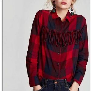 Zara fringe button down plaid shirt